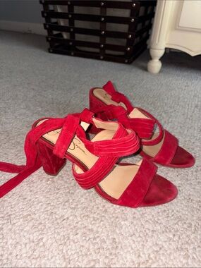 Jessica Simpson Cross Strap Red Suede Block Heels